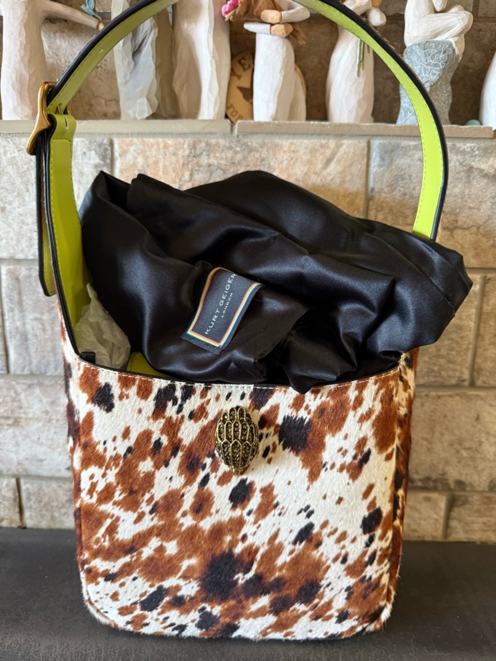 Kurt Geiger RARE Cow Print Bucket Bag with Neon Green Handle and Interior